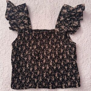 Leo & Viola - Smocked Black Floral Ruffle-Strap Women's Top